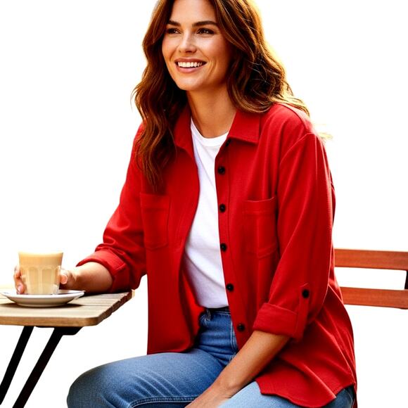 Love 1X Red Women's Top Shirt Blouse Pockets Long Sleeves Misses Size 14W 16W - Picture 1 of 6